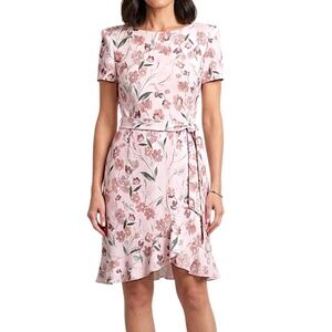Calvin Klein pink floral ruffle stretchy vintage inspired bold shoulder dress 4P